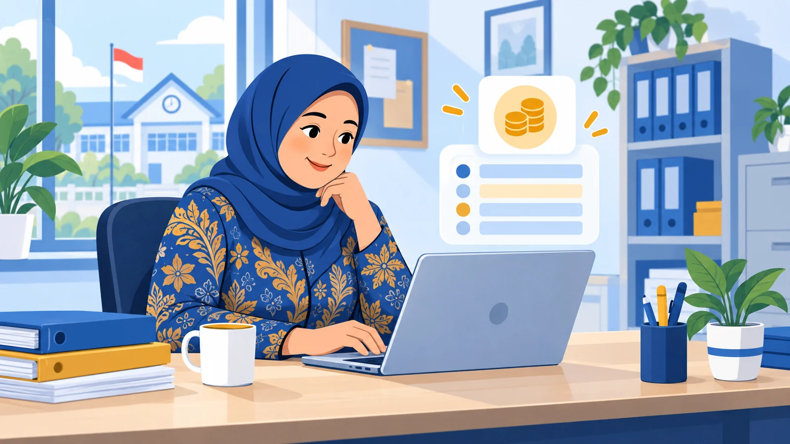 Bendahara sekolah menyiapkan tagihan SPP di laptop