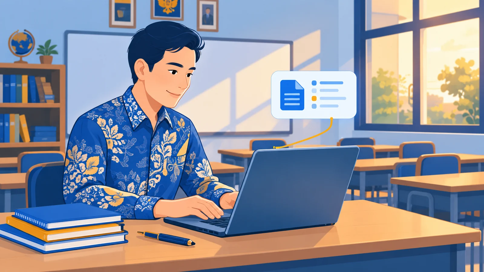 Guru mengisi nilai siswa di laptop setelah jam sekolah