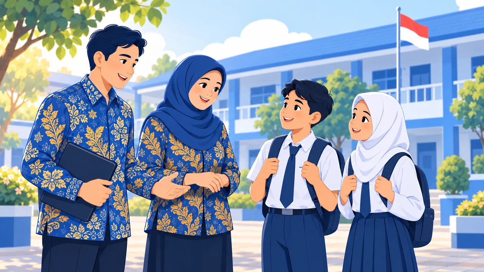 Kepala sekolah, guru, dan siswa di halaman sekolah